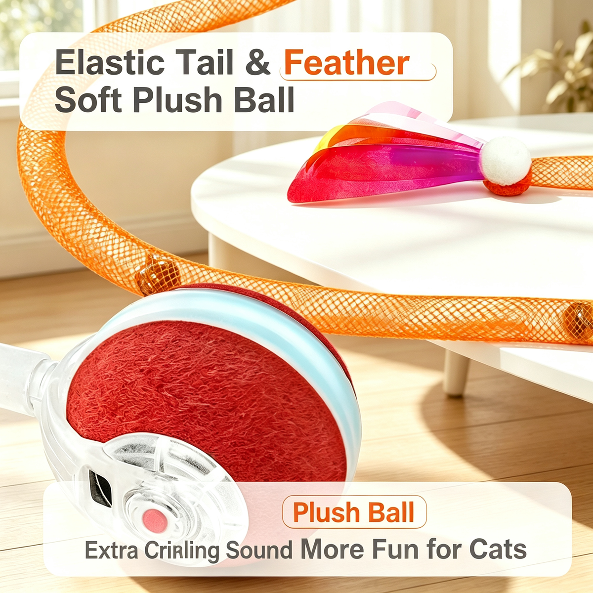 Automatic Rolling Cat Toy Interactive Electric Pet Toy with Feather & Mesh Tail
