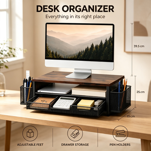 Wooden Desktop Monitor Stand Organizer with Mesh Storage Drawers and Side Pen Holders
