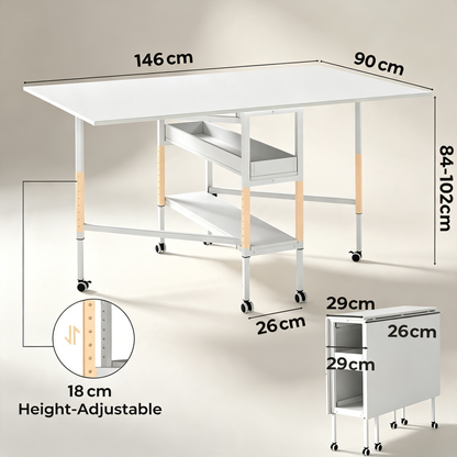 Height Adjustable Foldable Sewing Cutting Work Table with Rolling Wheels &amp; Storage Shelves