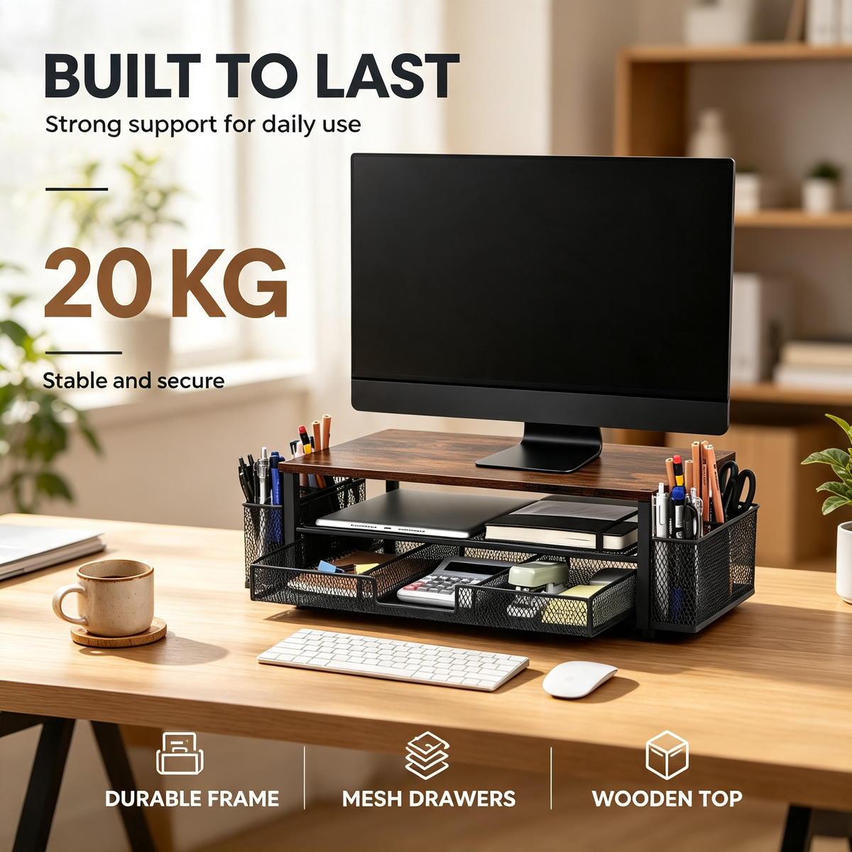 Wooden Desktop Monitor Stand Organizer with Mesh Storage Drawers and Side Pen Holders