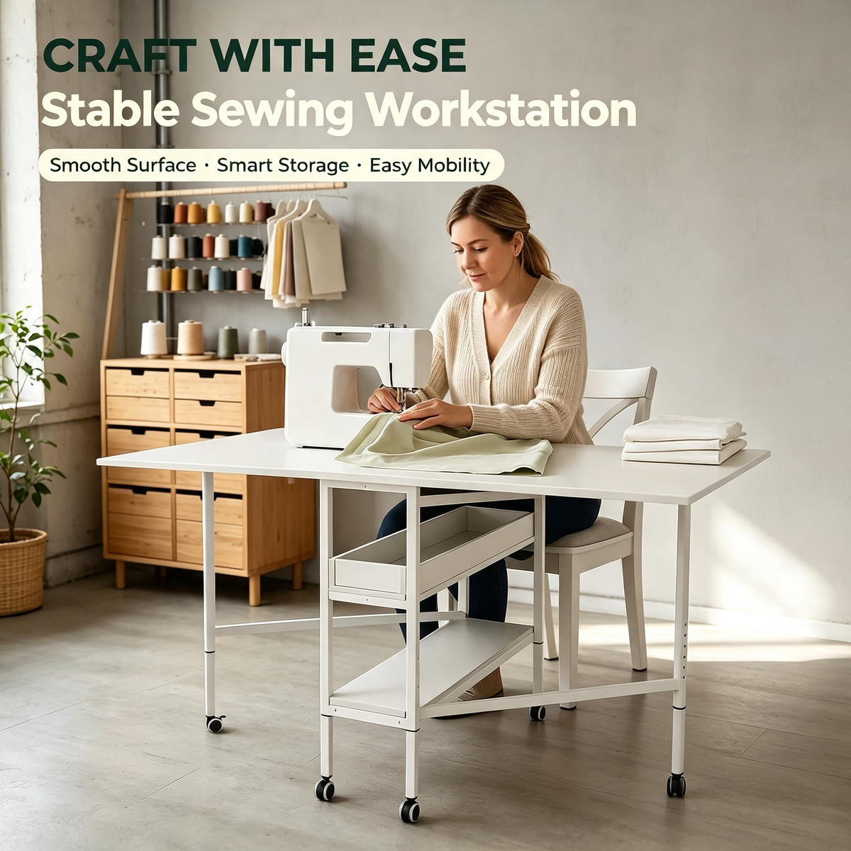 Height Adjustable Foldable Sewing Cutting Work Table with Rolling Wheels &amp; Storage Shelves