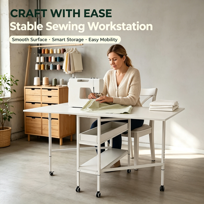 Height Adjustable Foldable Sewing Cutting Work Table with Rolling Wheels &amp; Storage Shelves