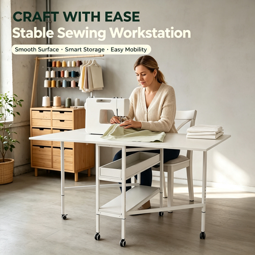 Height Adjustable Foldable Sewing Cutting Work Table with Rolling Wheels &amp; Storage Shelves