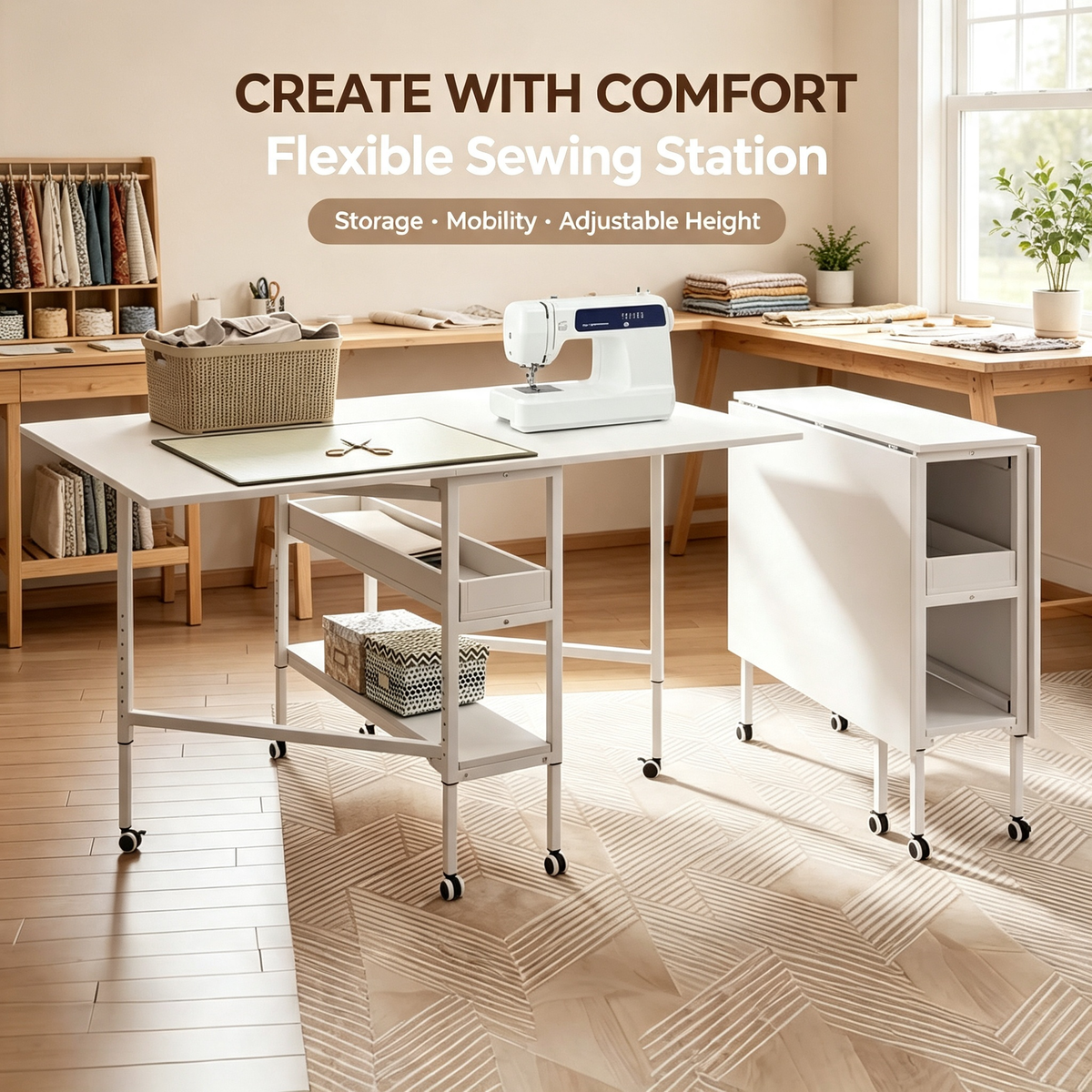 Height Adjustable Foldable Sewing Cutting Work Table with Rolling Wheels &amp; Storage Shelves