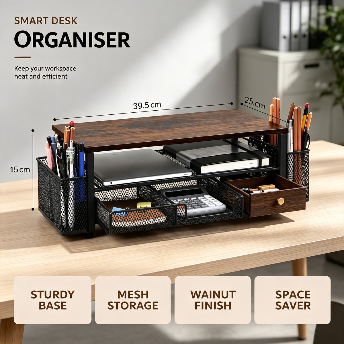 Wooden Desktop Monitor Stand Organizer with Mesh Storage Drawers and Side Pen Holders