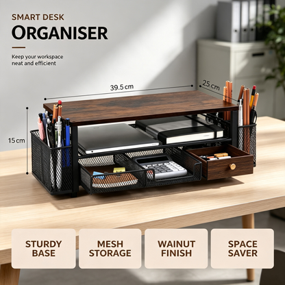 Wooden Desktop Monitor Stand Organizer with Mesh Storage Drawers and Side Pen Holders