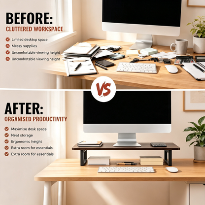 Wooden Desktop Monitor Stand Organizer with Mesh Storage Drawers and Side Pen Holders