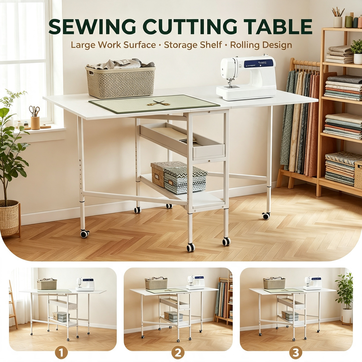 Height Adjustable Foldable Sewing Cutting Work Table with Rolling Wheels &amp; Storage Shelves