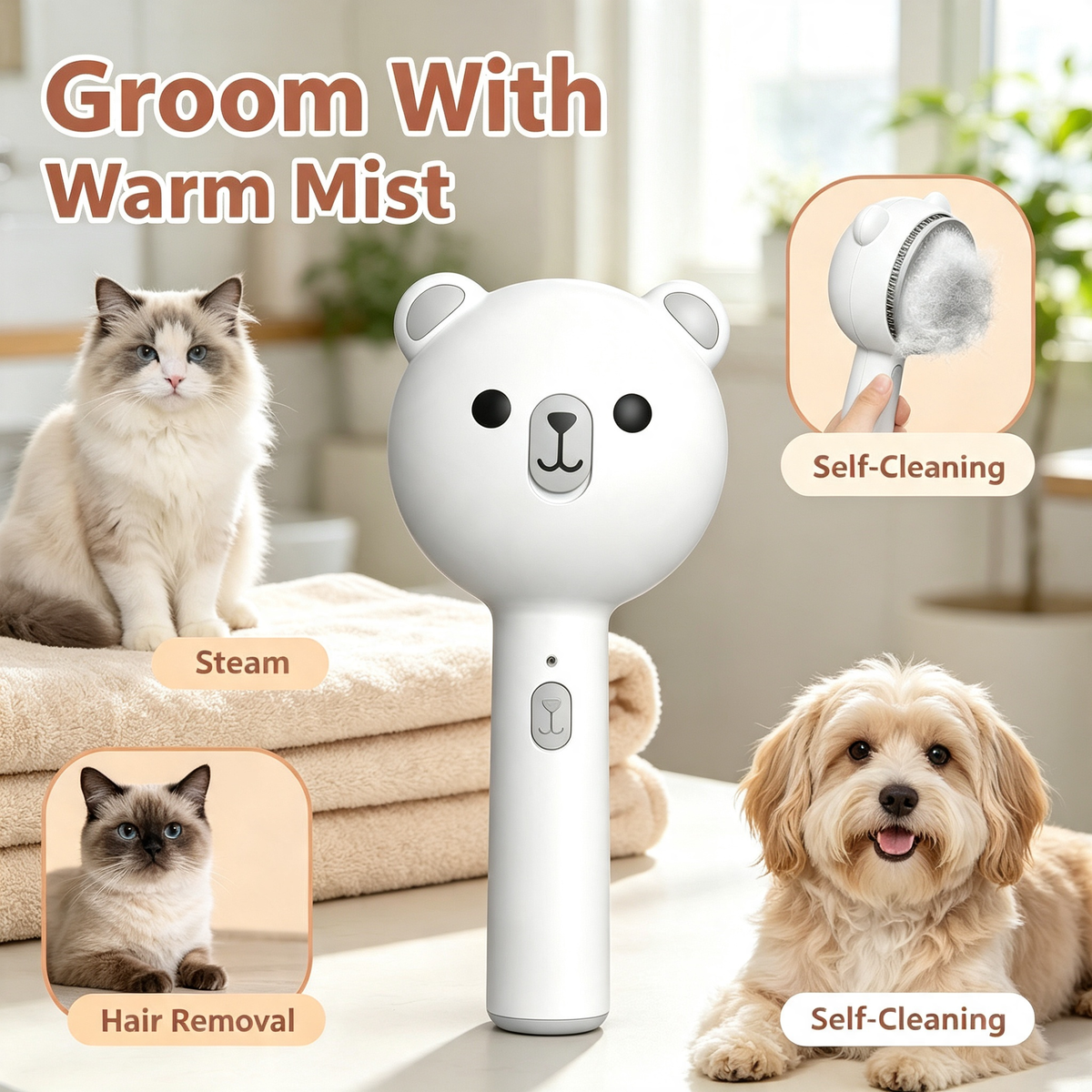 4‑in‑1 Pet Steam Brush, Self‑Cleaning Grooming Comb with Dual‑Level Mist for Cats &amp; Dogs
