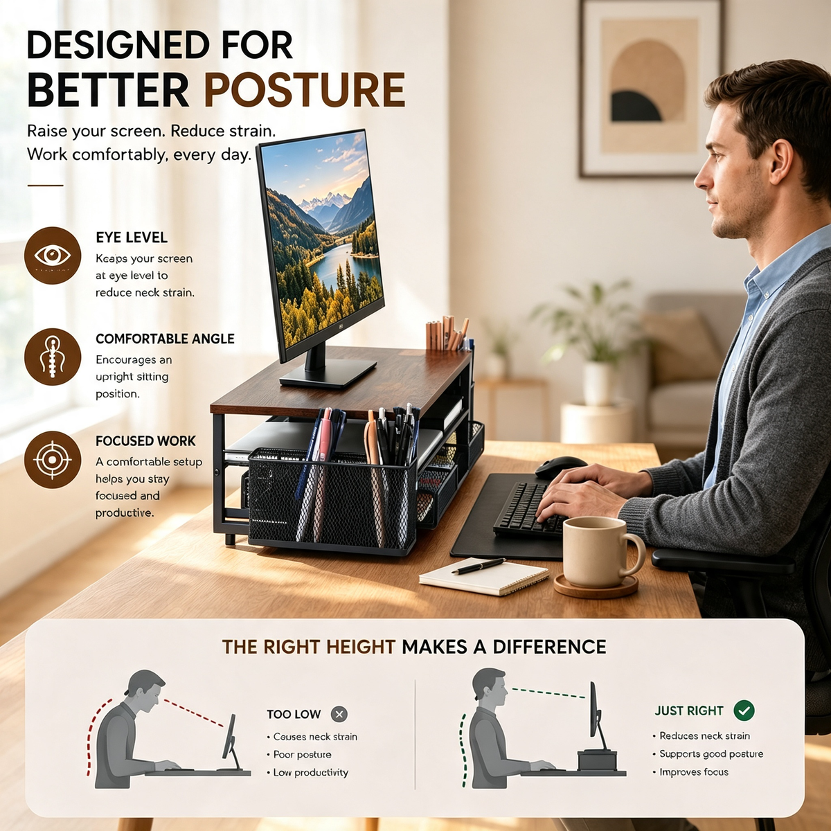 Wooden Desktop Monitor Stand Organizer with Mesh Storage Drawers and Side Pen Holders