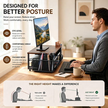 Wooden Desktop Monitor Stand Organizer with Mesh Storage Drawers and Side Pen Holders