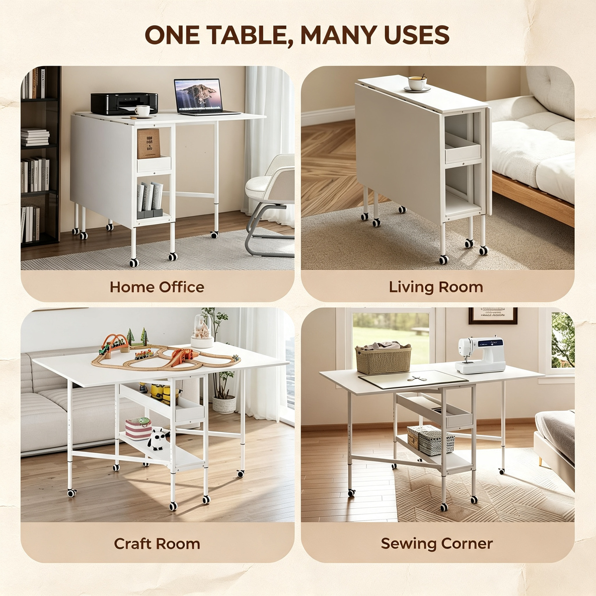 Height Adjustable Foldable Sewing Cutting Work Table with Rolling Wheels &amp; Storage Shelves