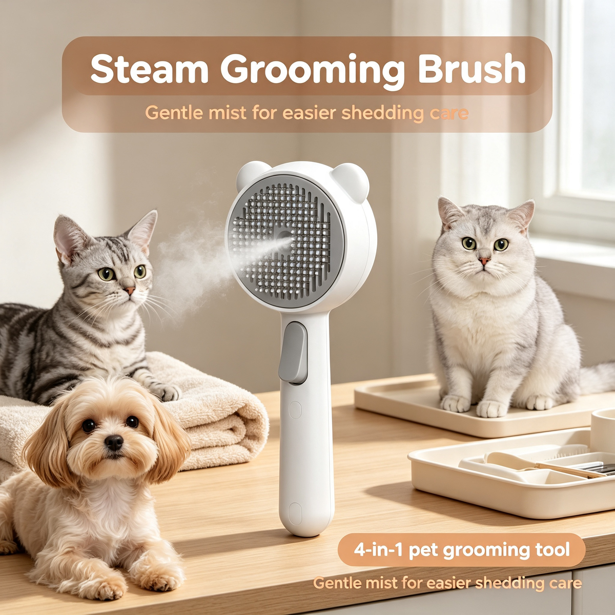 4‑in‑1 Pet Steam Brush, Self‑Cleaning Grooming Comb with Dual‑Level Mist for Cats &amp; Dogs