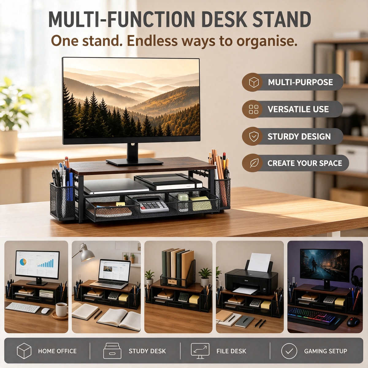 Wooden Desktop Monitor Stand Organizer with Mesh Storage Drawers and Side Pen Holders